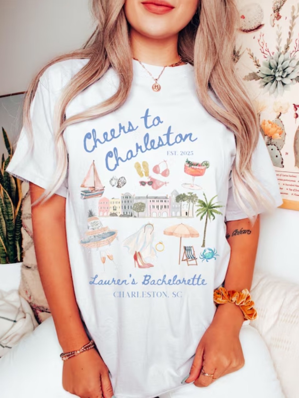 White 'Cheers to Charleston' Graphic Tee with Pastel Accents